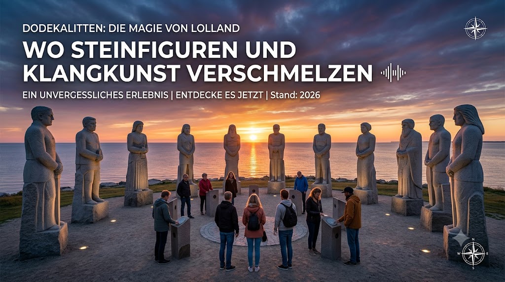 Dodekalitten (Lolland) Ein modernes, monumentales Kunstwerk aus 12 riesigen Steinfiguren mit atmosphärischer Klangkunst direkt am Meer. – Eindruck aus Småland, Schweden
