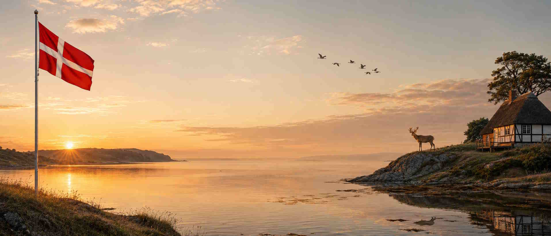 Rotes Ferienhaus in Dänemark direkt am See bei Sonnenaufgang, mit Hirsch am Ufer und dänischer Flagge